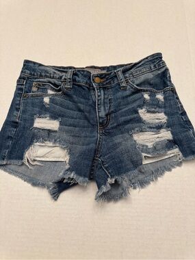 Just USA Dark Blue Distressed Frayed Hem Jean Shorts